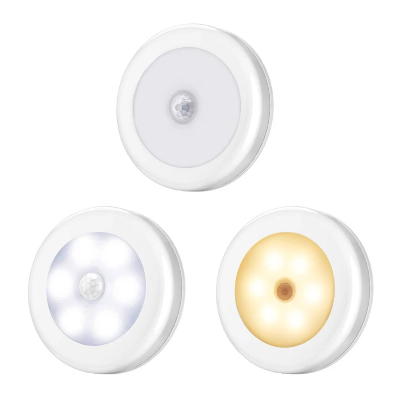 Luz LED redonda con Sensor de movimiento para debajo del armario, lámpara  de noche alimentada por batería para dormitorio, cocina, escaleras,  iluminación, 1 pieza - AliExpress