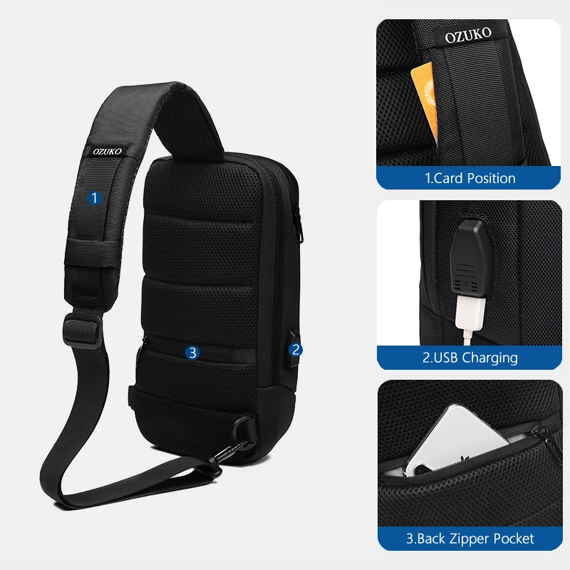 OZUKO, новинка, мужские сумки через плечо с защитой от кражи, модные мужские 9,7 дюймов, iPad, сумка через плечо, зарядка через usb, водонепроницаемая, слинг, нагрудная сумка