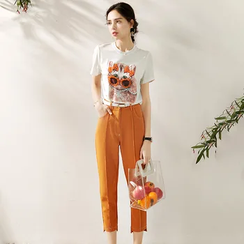 

New Summer Fashion Casual Two Pieces Pants Sets Cat Printing T-shirt Slim Pencil Trousers Fresh Quality Twin Sets
