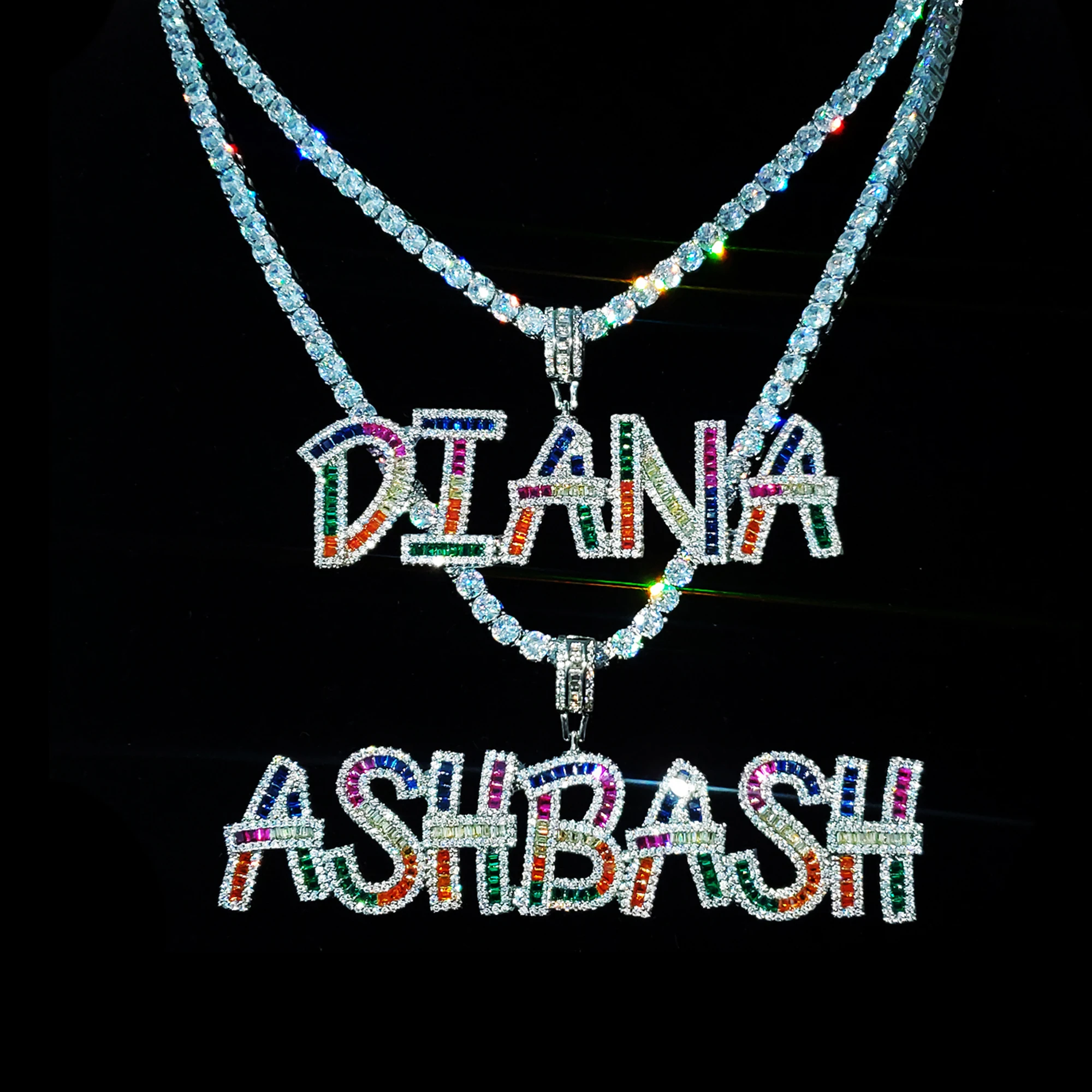 Custom Name Colorful Icy Letters Pendants Necklaces Women's Nameplate With Tennis Chain Personalized Birthday Gifts for Her