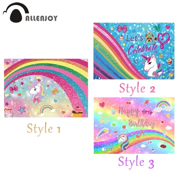 

Allenjoy Rainbow Glitter Photozone Let's Celebrate Birthday Stars Dog Party Curtain Banners Unicorn Heart Bow Kid Event Backdrop