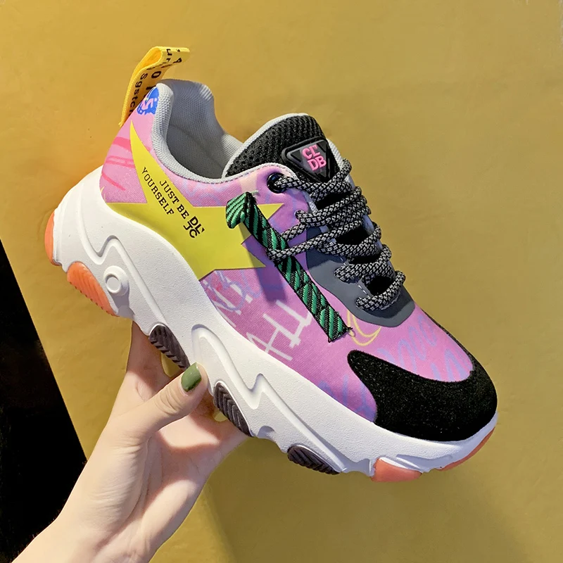 2019 Women Mesh New Autumn Sneakers Ladies Flat Lace Up Platform Vulcanized Shoes Female Mixed Color Casual Footwear
