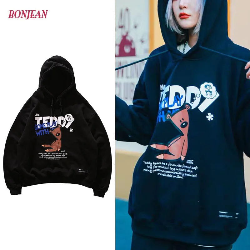 

Hoodie Harajuku Funny Bean Bear print Hoodies Women Couple Sweatshirts Korean Style Autumn Winter Kawaii Hoody Female Girls 2020