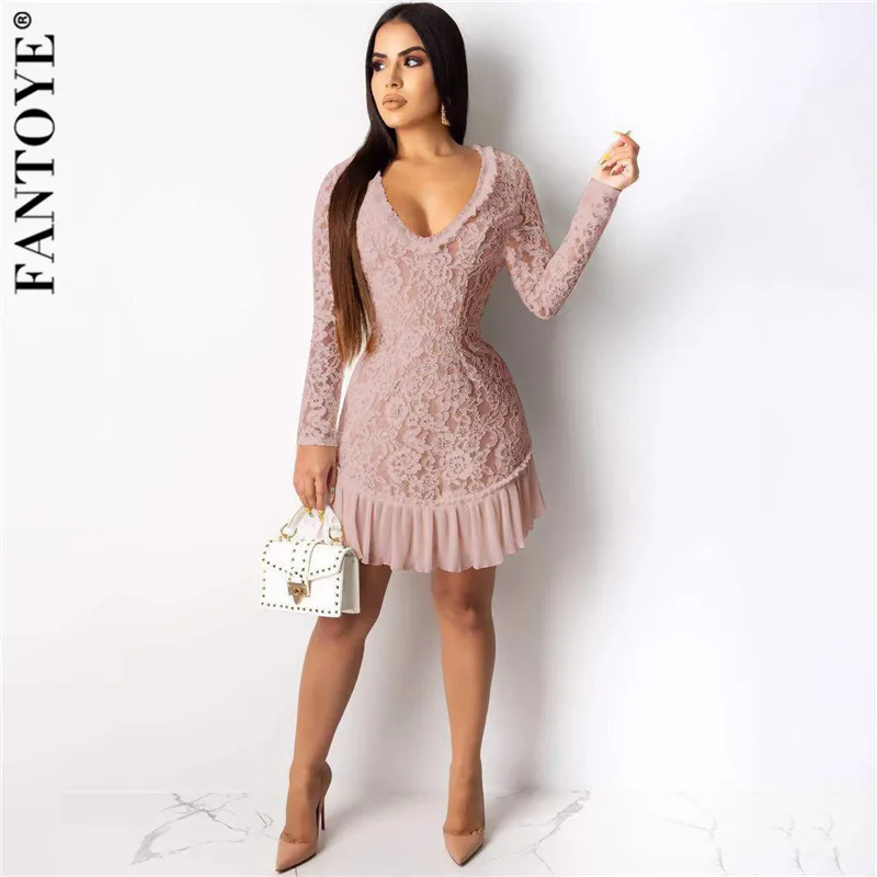 Розовый FANTOYE, Boho seeсквозное женское платье для вечеринки, сексуальное, v-образный вырез, кружево, вышивка, белые платья с открытой спиной, женские элегантные открытые платья - Цвет: Розовый