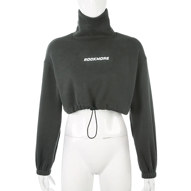 HEYounGIRL водолазка негабаритных балахон для женщин шнурок с длинным рукавом укороченный свитер Дамы Серый письмо печати пуловер осень