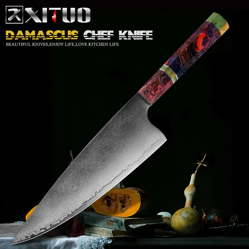 XITUO дамасский стальной нож шеф-повара японский Профессиональный кухонный нож острый нож для нарезания мясника стабильная деревянная ручка инструмент для приготовления пищи - Цвет: 8 Inch Chef Knife