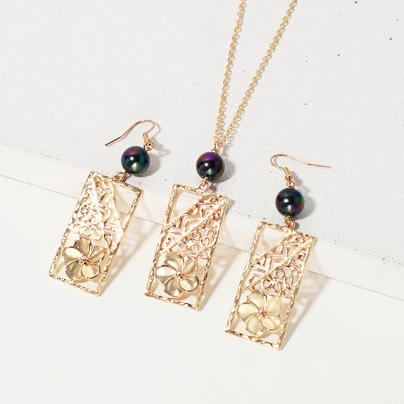 KOMI Polynesian Hawaiian Samoa Marshall Glass Bead Pearl Mauna Kea Tribal Plumeria Flower Necklace Earrings Jewelry Set | Украшения и