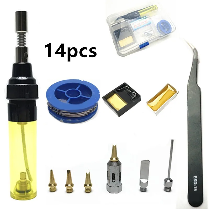 14pcs yellow 1300 Celsius Butane Gas Welding Soldering Irons Welding Pen Burner Blow Gas Soldering Iron Cordless Butane Tip Tool - Цвет: 14pcs yellow