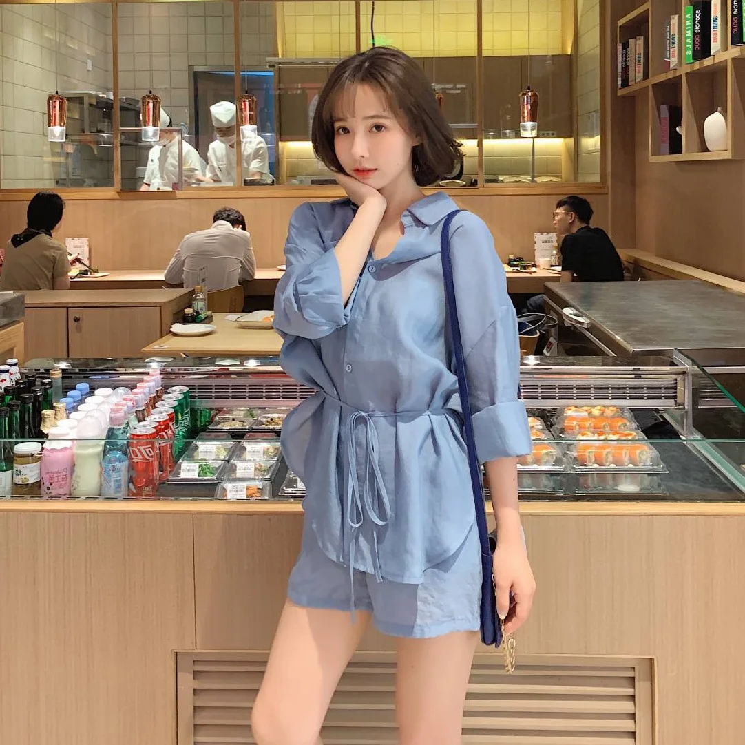 

Photo Shoot Main Push Simple-Style Red Bean Powder Fold-down Collar Single Breasted Waist Hugging Lace-up Sun-resistant Shirt Wi