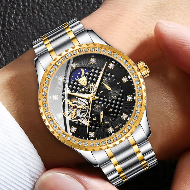 TEVISE модные роскошные стальные автоматические мужские часы Moon Phase Tourbillon инкрустированный стразами светящиеся механические водонепроницаемые часы
