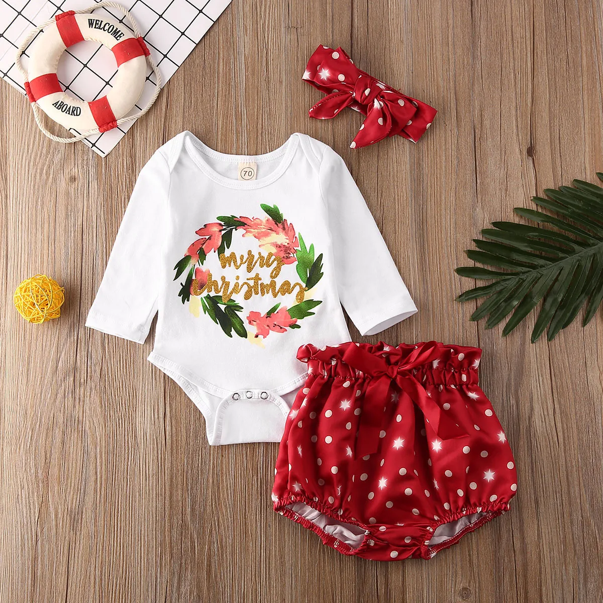 Одежда для маленьких девочек Рождественская Одежда для новорожденных девочек боди с длинными рукавами и шорты повязка на голову, комплект из 3 предметов Размер от 0 до 24 месяцев