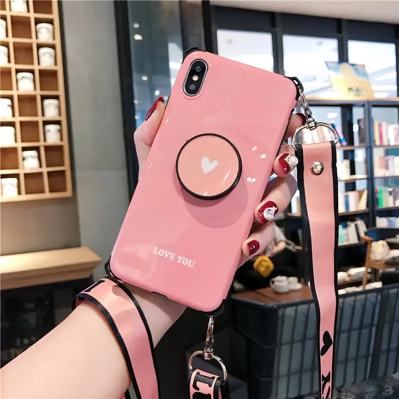cute wallet card holder Heart-shaped bracket lanyard silicone phone case for iphone X XR XS MAX 6S 7 8 plus - Цвет: Розовый