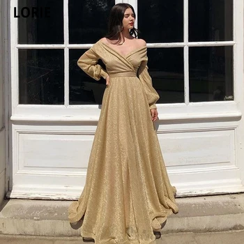 

LORIE A-line Gold Glitter Prom Dresses Formal Long Sleeve Evening Gowns V-neck Dubai Shiny Special Occasion Gowns Party Dress