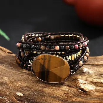 

Tiger's Eye Hematite Rhodonite Stone Mixed Wrap Bracelet Semi Percious Stone 5 Layers Leather Stackable Bracelet for Gift Unisex