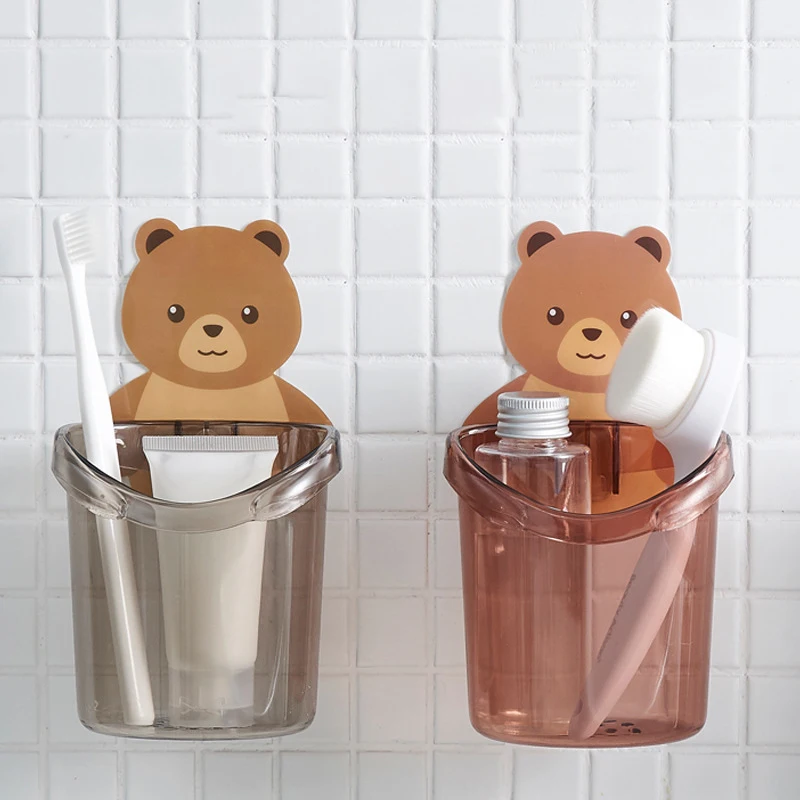 

Cartoon Bear Free Punch Wall Hanging Cup Toothpaste Storage Box Bathroom Toilet Toothbrush Holder Dental Storage Rack