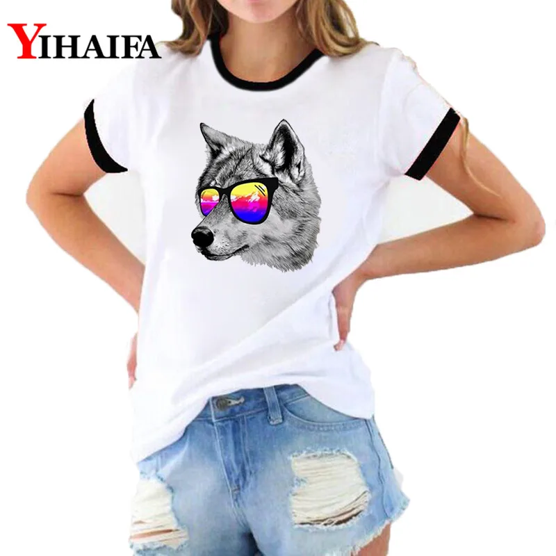 

YIHAIFA Harajuku Women 3D Print Wolf Graphic Tees Lady Summer White Tee Shirt Casual Female T-shirts Short Sleeve Tops
