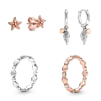

2020 New High Quality Original 925 Sterling Silver Heart & Conch Shell Earrings Summer Ocean Beaded Seashell Band Ring Gift