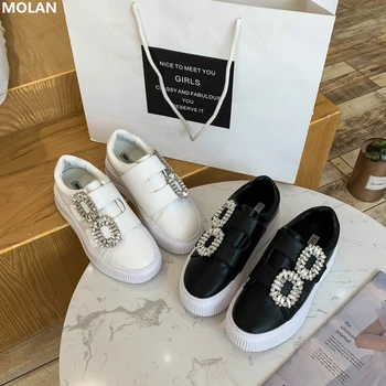 

MOLAN Brand Designer 2019 Autumn Luxury Bling Rhintestone Buckle Thick Bottom Platform Leather Flats Shoes Women Slip On Loafers