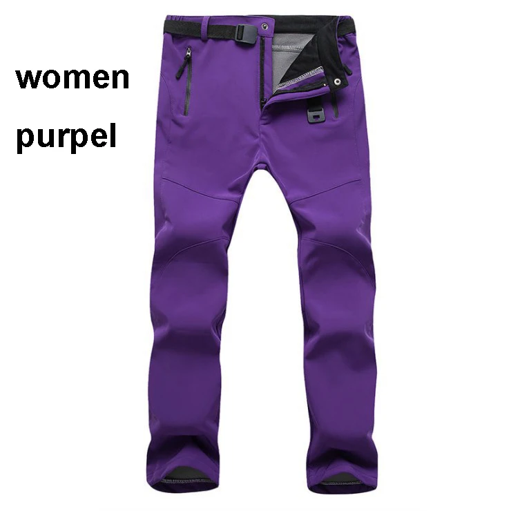 women purple Пеший Туризм брюки Для мужчин Для женщин на температуру-30 градусов, зимняя одежда с ворсом Водонепроницаемый походные уличные ботинки для кемпинга Рыбная ловля Soft Shell брюки лагерь рыбы подъем - Цвет: women purple