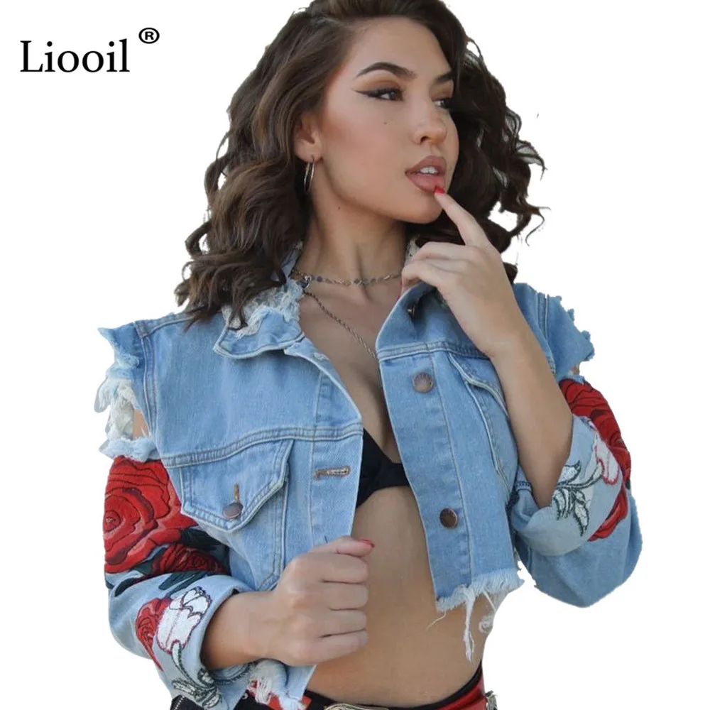 Liooil, сексуальное Синее Короткое джинсовое пальто с вышивкой, Женская мода, с вырезами, длинным рукавом, пуговицами, кисточками, Повседневная джинсовая куртка, верхняя одежда