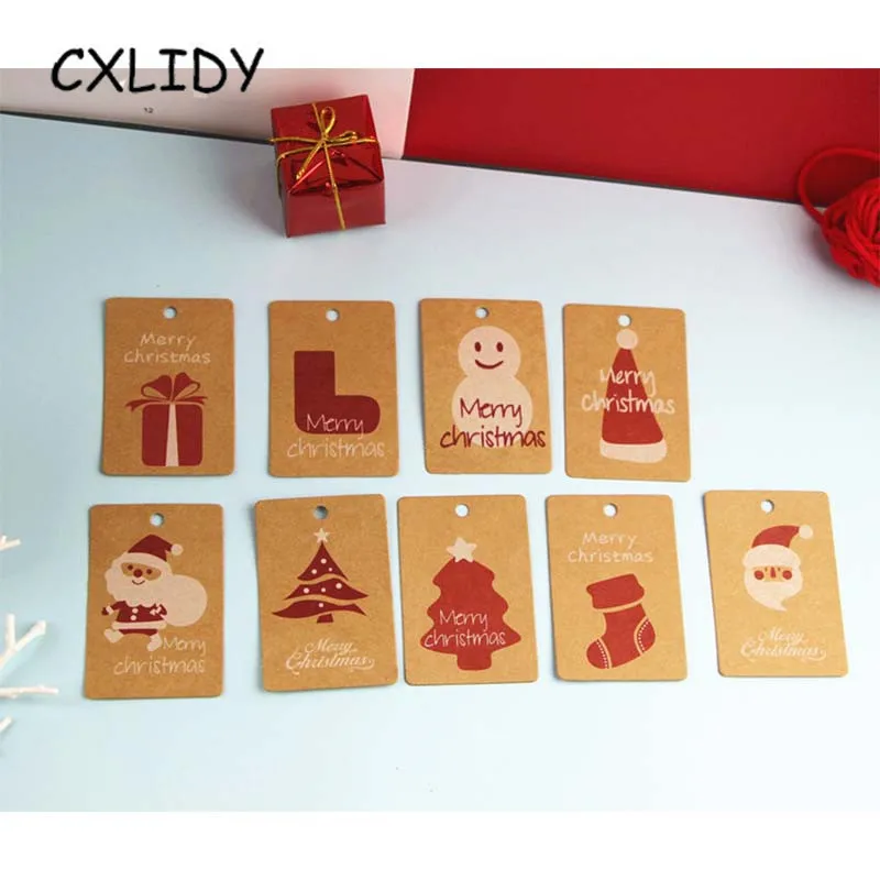 

50pcs DIY Kraft Paper Gift Tags Santa Claus Gift boxes Christmas Tree Pattern Hang Tags Christmas Packing Label Cards aa109