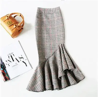 plus size 4XL!Irregular fishtail skirt high waist women winter package hip black white plaid woolen skirt office lady TB3742