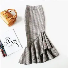 plus size 4XL!Irregular fishtail skirt high waist women winter package hip black white plaid woolen skirt office lady TB3742