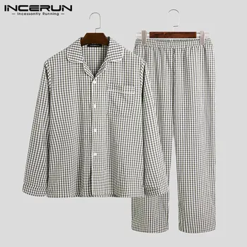 

Breathable Tops Long Pants Nightwear Suit INCERUN Leisure Loose Homwear Sets Men Loose Plaid Pajamas Sets Lattice Sleepwear Sets