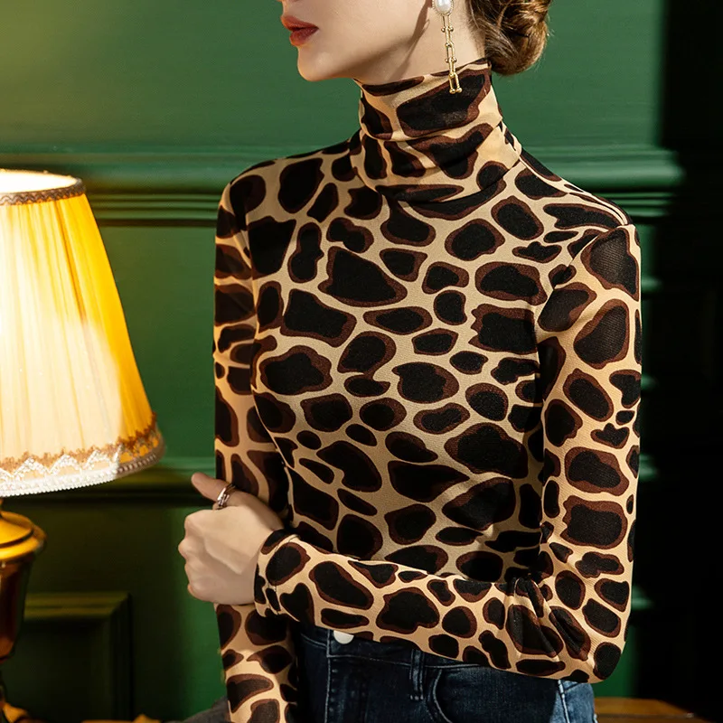 

Fall New Style Leopard Print High Neck Mesh Bottoming Shirt Women's Slim Long-sleeved Fall/winter Inner Stretch Top Y2k