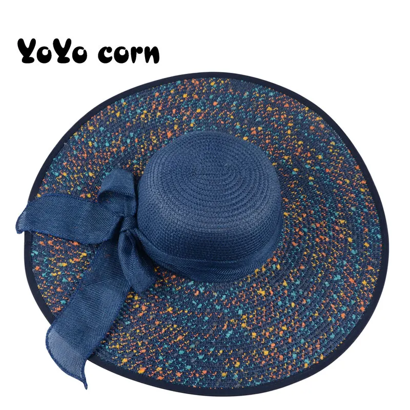 YOYOCORN для женщин, черная лента, кружевная соломенная шляпа с большими полями, уличная пляжная шляпа, летние шапки, женские плетеные шляпы ручной работы - Цвет: Dark blue