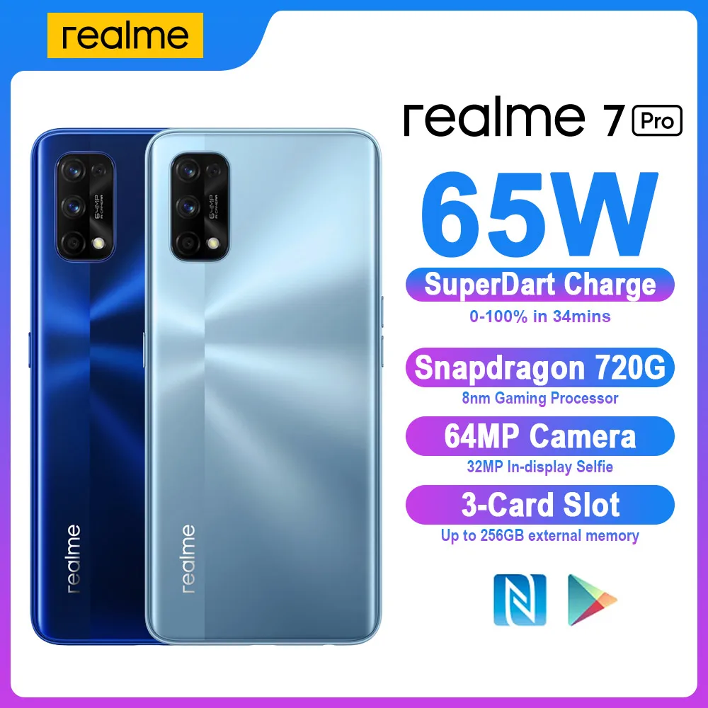 Realme-teléfono inteligente 7 Pro, smartphone con Snapdragon 720G, NFC, 8GB, 128GB, 64MP, 65W, carga rápida, 4500mAh, para videojuegos