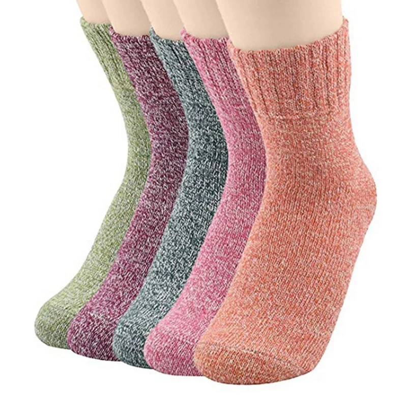 Женские осенне-зимние шерстяные хлопковые носки, 5 пар в партии, женские носки, сохраняющие тепло, милые носки с рисунками, Короткие рождественские носки