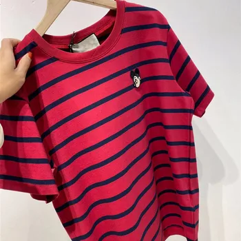 

New 2020 Spring Summer Mickey Embroidery Stripe Round O Neck Women's Short Sleeve T-shirt Casual Loose