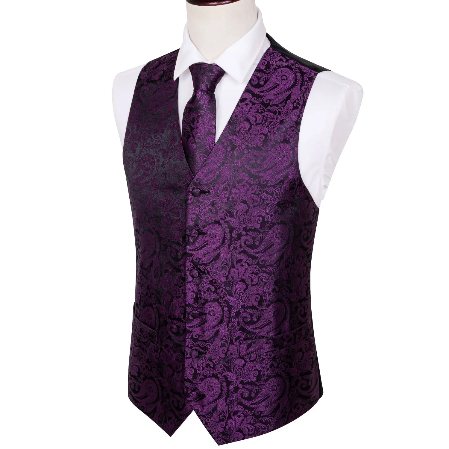 New Men's Paisley Tuxedo Vest Waistcoat & necktie & Bow tie & Hankie purple prom