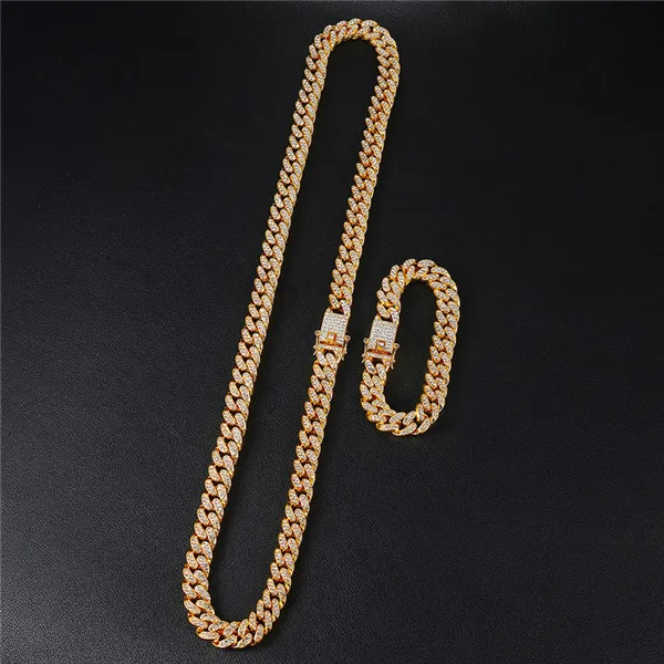 Мужской браслет в стиле хип-хоп, украшенный кристаллами, золотой, серебряный, медальон, кубинская цепочка, браслет, ожерелье для мужчин, ювелирные изделия - Окраска металла: Necklace Bracelet