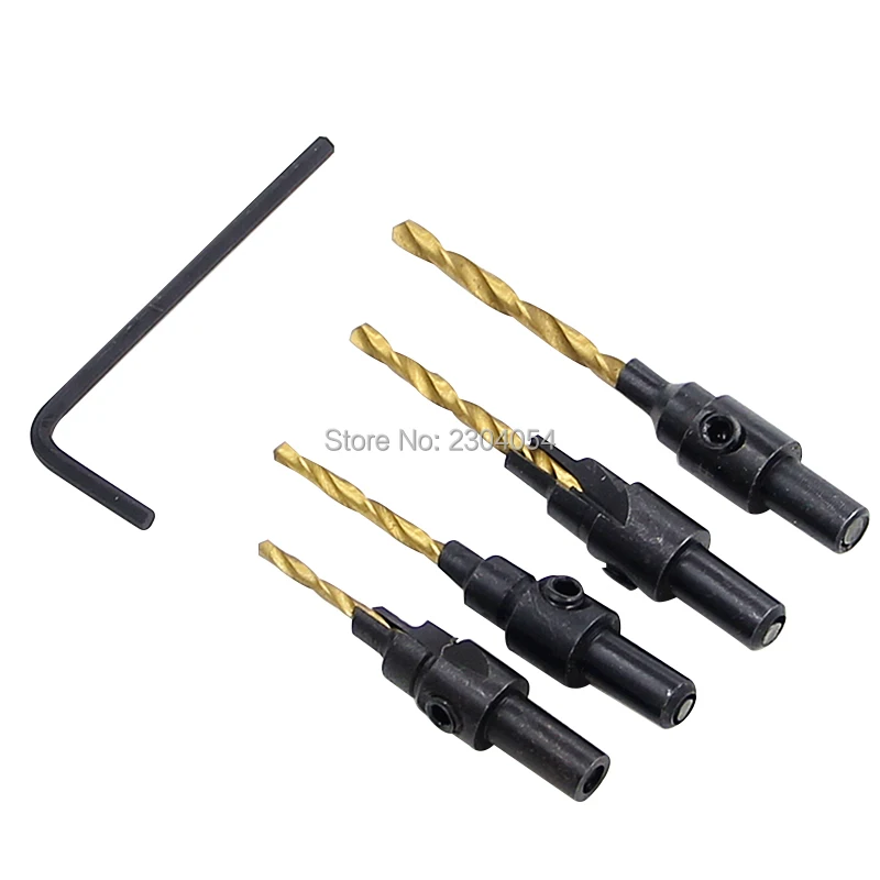 

4pcs HSS Round Shank Titanium Countersunk Drill Bits Tapper Tool woodworking Wood Pilot Hole Size #6 #8 #10 #12 with 1 Wrench