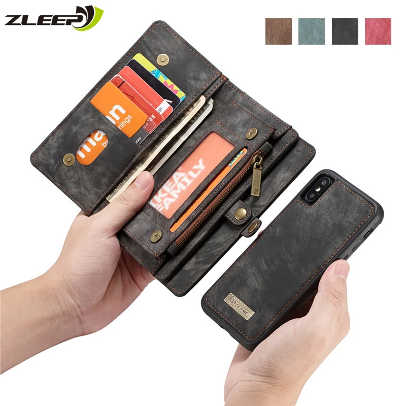 

Luxury Magnetic Removable Case For iPhone 11 Pro XS Max XR X 7 8 6 s Plus Retro Leather Wallet Pouch Card Holder Phone Bag Cover