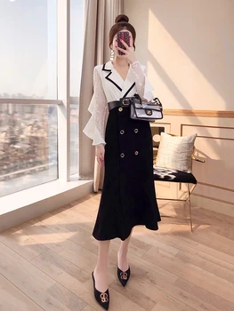 

Office Lady Patchwork Lace Women 2 Piece Set Top And Pants Elegant Ensemble Femme Survetement Year-old Female Costume