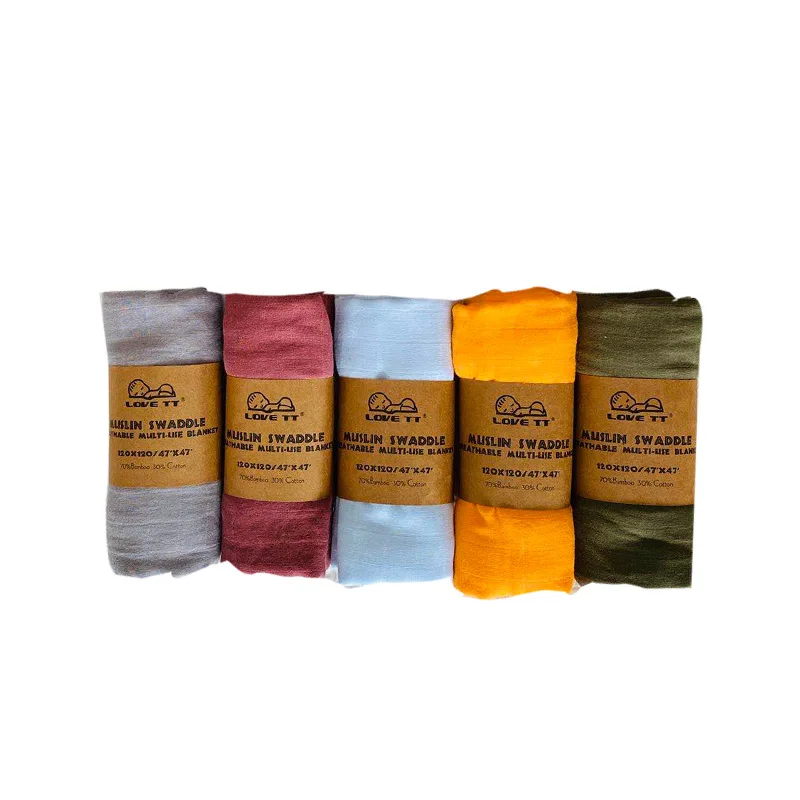 Bamboo Cotton Wrapped Muslin Blankets Bath Towel With Solid Color Dyed Wrap For Newborn Infants