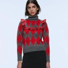 AGong, зимняя водолазка, тонкий свитер, женская мода, Каскадный свитер с Аргайлом, женский элегантный свитер с длинным рукавом, женские свитера
