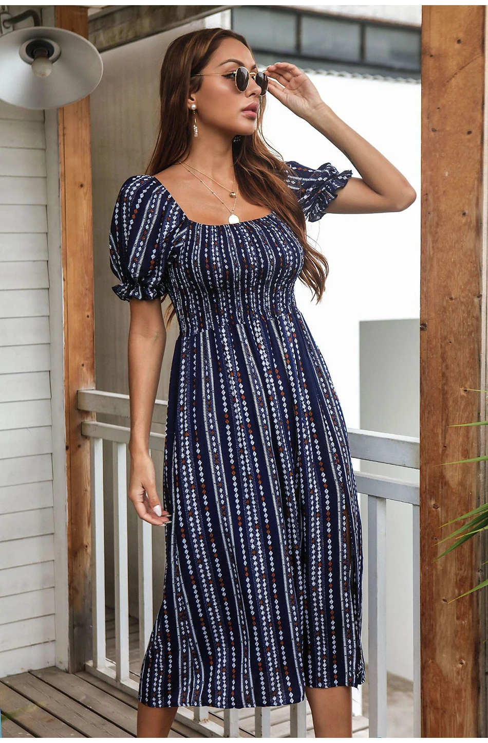 Women Square Collar Horizontal Midi Dress