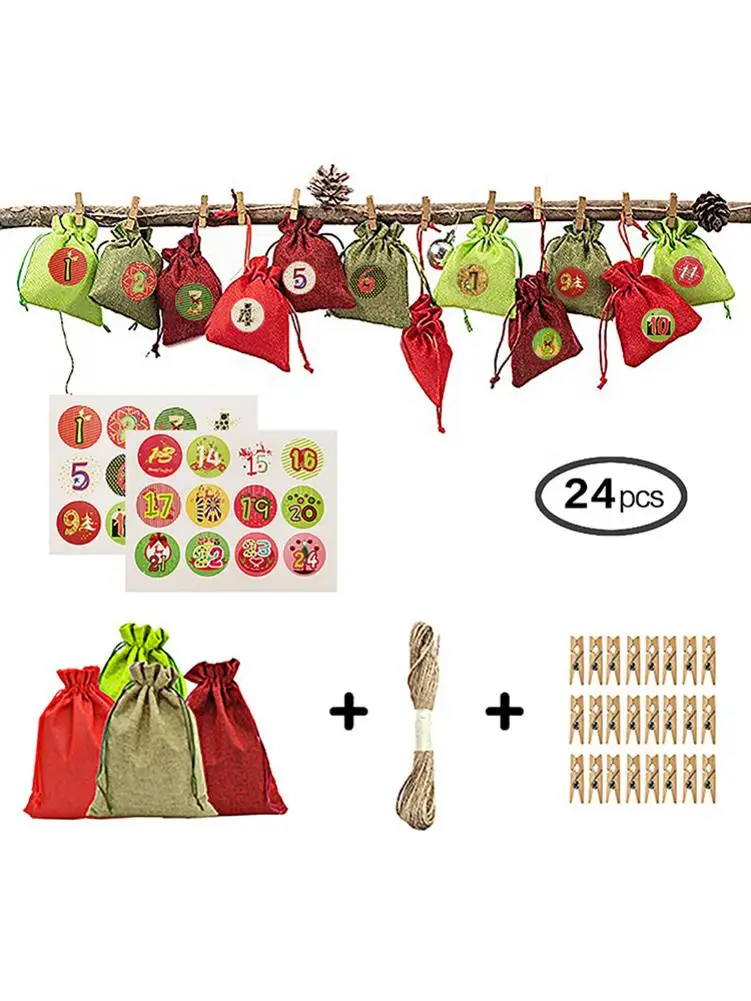 24 Advent календарь джутовый мешок наполнения тканевый мешок джутовый мешок и 1-24 номера деревянные кнопки с наклейкой джутовый мешок тканевый мешок для подарков