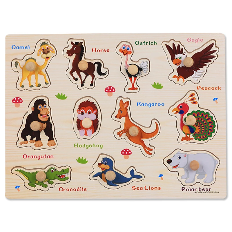 Montessori Wooden Educational Hand Grab Puzzle Boards with Cartoon Animals & Fruits 3D Design