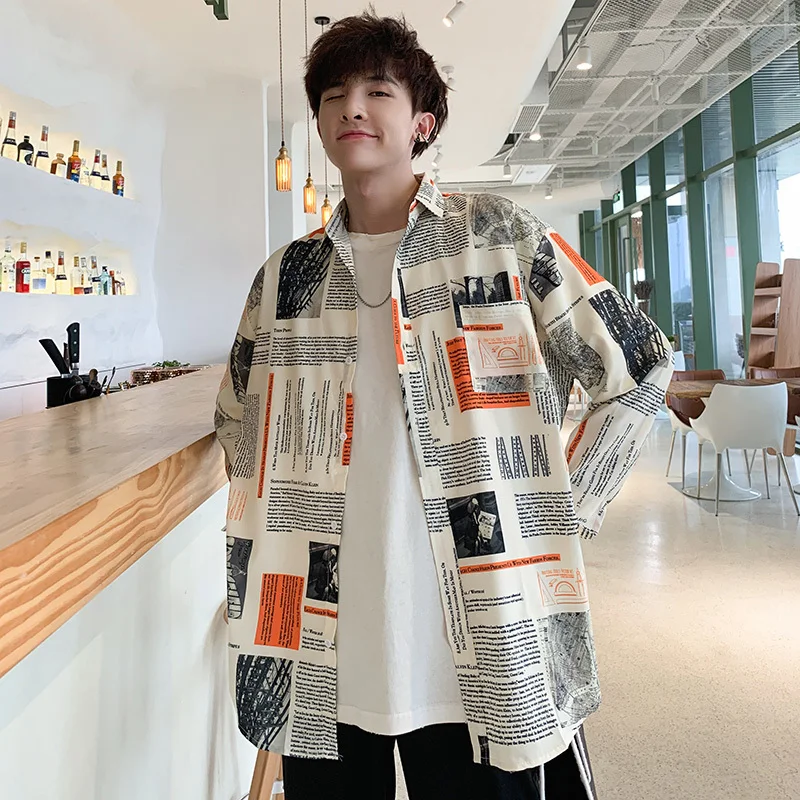 

2019 Autumn Men's Long Sleeve Coat Hawaiian White Shirt Male Newspaper Printing Tide Shirt French Cuff Mens Fashion Shirts M-2XL