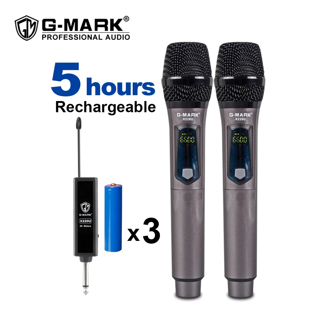 Microfone sem Fio Handheld com Recarregável Bateria de Lítio G-mark Gravação Karaoke Microfone Receptor X220u Uhf