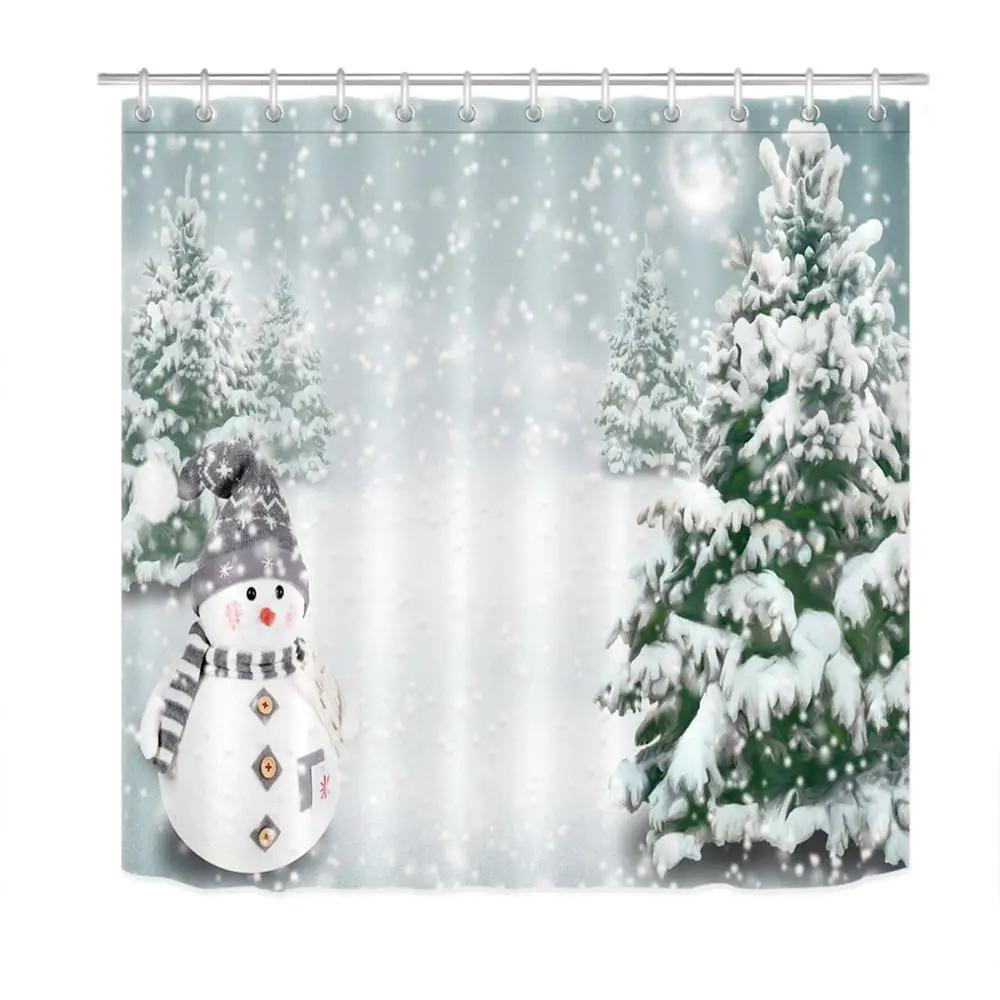 Only Curtain Winter Snow Forest Snowman Christmas Home Bathroom Bathtub Decor Polyester Waterproof Fabric Shower Curtain 12 Hook Bath Doormat - Цвет: Only Curtain