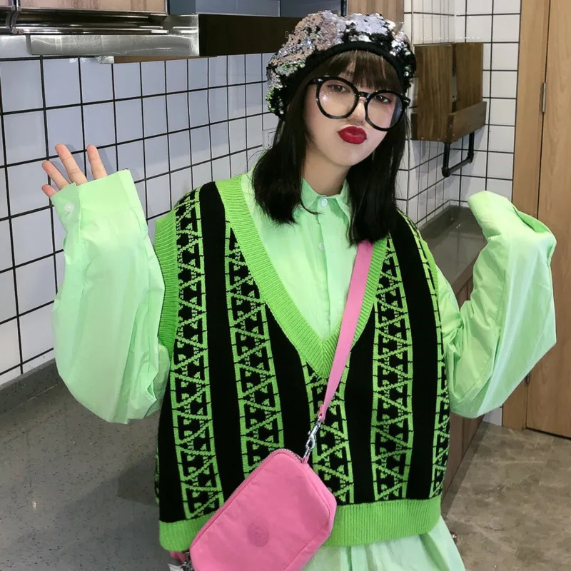 

[LANMREM] 2019 Autumn And Winter New Products Colorful Plaid Vest Knit Retro Color Matching Sleeveless V-neck Sweater Vest PA702