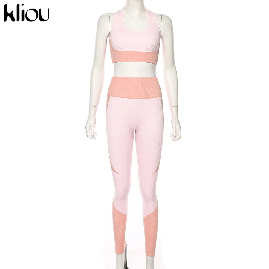 Kliou Женский комплект из двух предметов для фитнеса, одежда для активного отдыха, укороченный топ с открытой спиной, бюстгальтер+ эластичные леггинсы облегающие с высокой талией, спортивный костюм