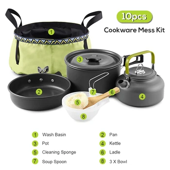 

10PCS Lightweight Camping Tableware for 3 Person Cooking Set Outdoor Cookware Pan Pot Bowl Utensils for Hiking Picnic Travel
