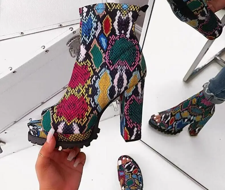 

Bright Color Boots Women 2019 New Zipper Snake Pattern Waterproof Platform High-heeled Thick-soled Open Toe Low Boots